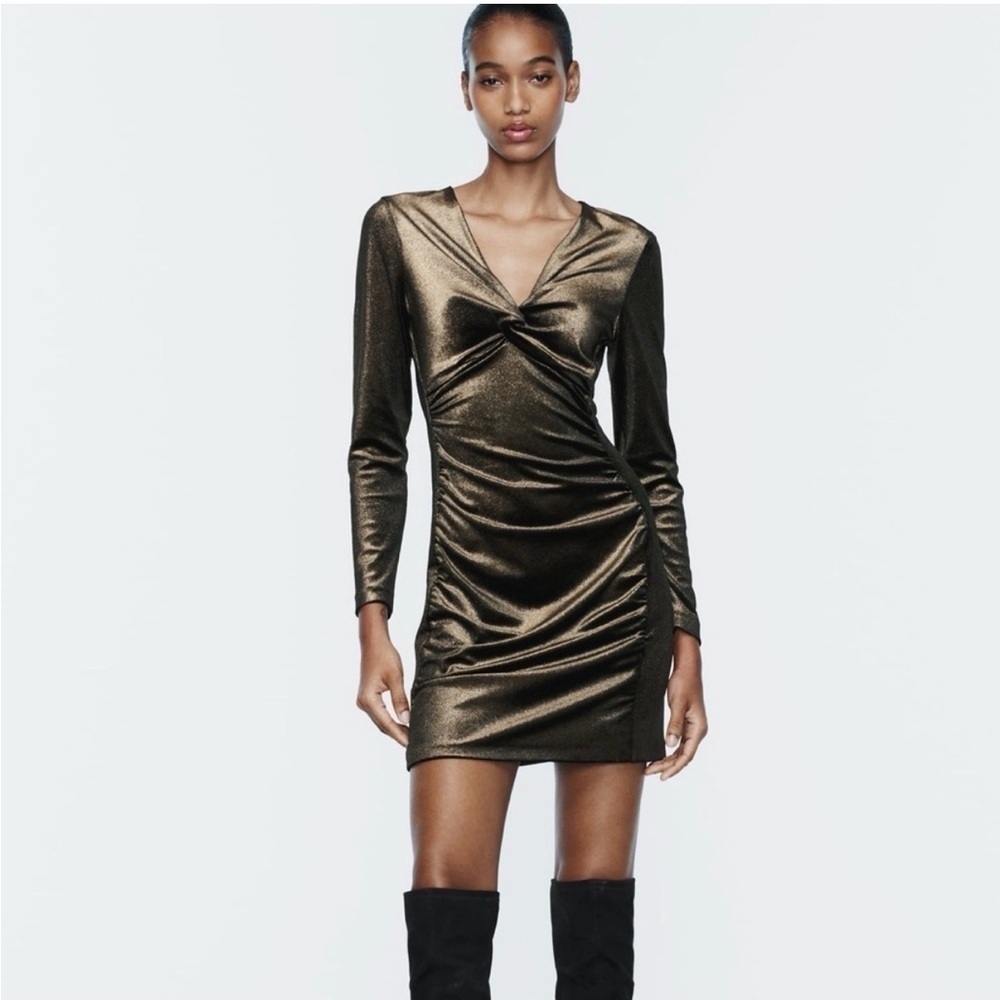 Zara Velvet Metallic bronze Twist-Front Long-Sleeve Mini Dress